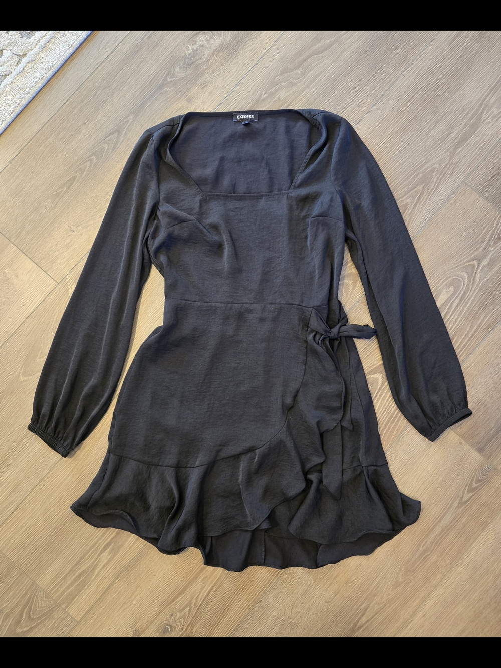 Express Black Long-Sleeve Ruffled Wrap Dress